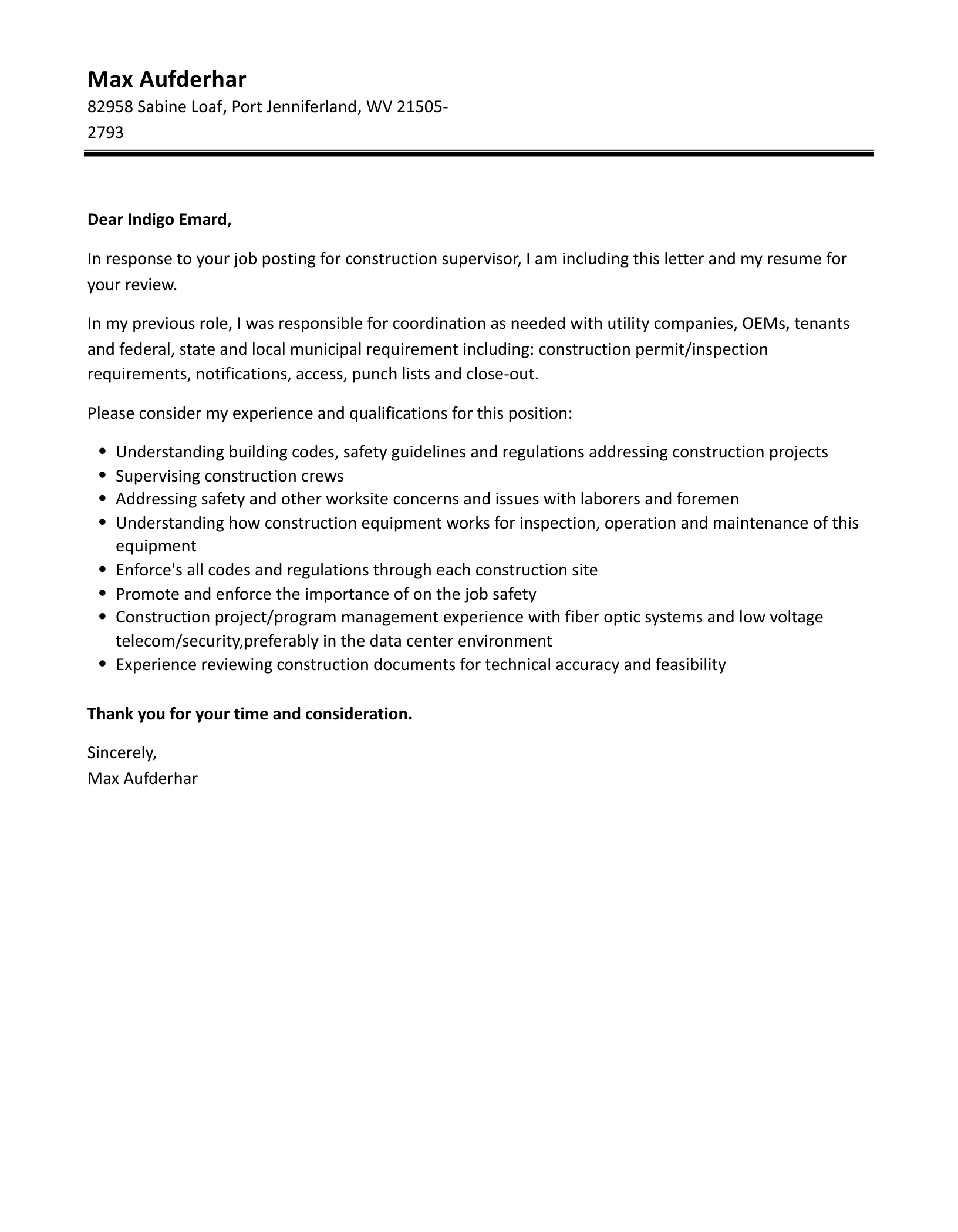 36840 construction supervisor experience